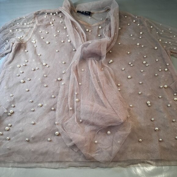 The Moon Pearl Sheer Mesh Blouse Womens Scarf Balloon Long Sleeve High Neck - Picture 5 of 16